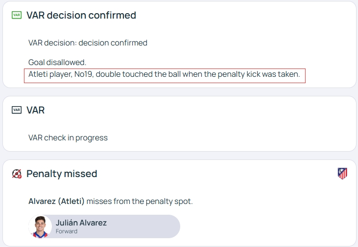 官方明確！歐冠官網(wǎng)：阿爾瓦雷斯罰點(diǎn)時2次觸球，VAR決定進(jìn)球無效