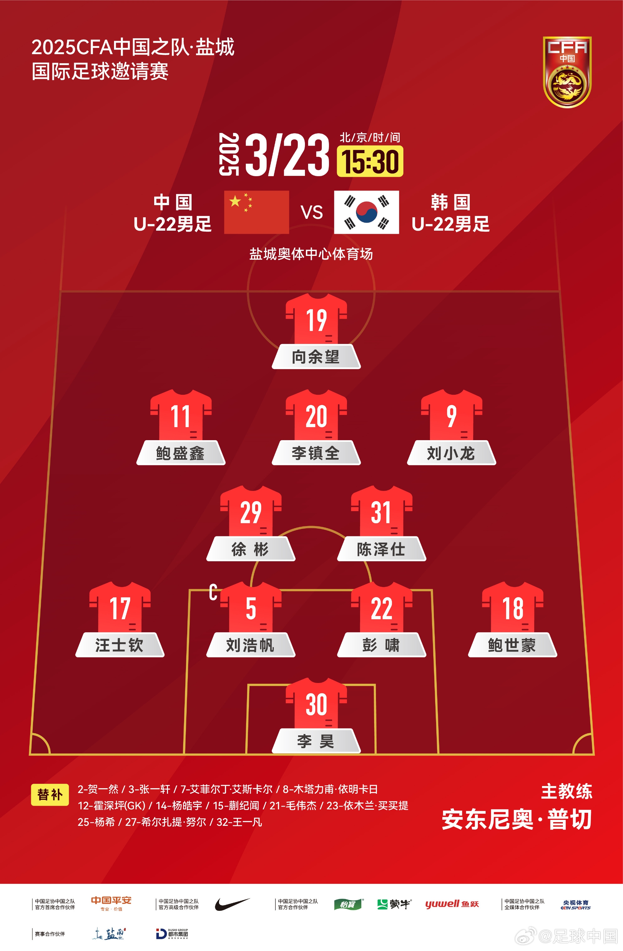 鹽城四國(guó)賽，中國(guó)U-22男足對(duì)陣韓國(guó)U-22男足，中國(guó)隊(duì)首發(fā)陣容